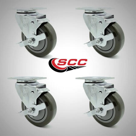 Service Caster 4 Inch SS Gray Polyurethane Swivel Top Plate Caster Set with Brake SCC SCC-SS20S414-PPUB-TLB-4